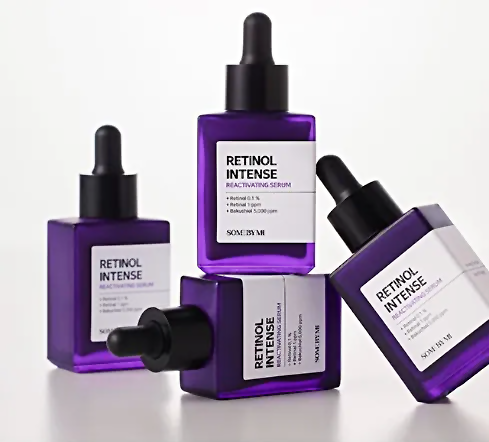 Some by mi retinol intense reactivating serum in a purple glass bottle.