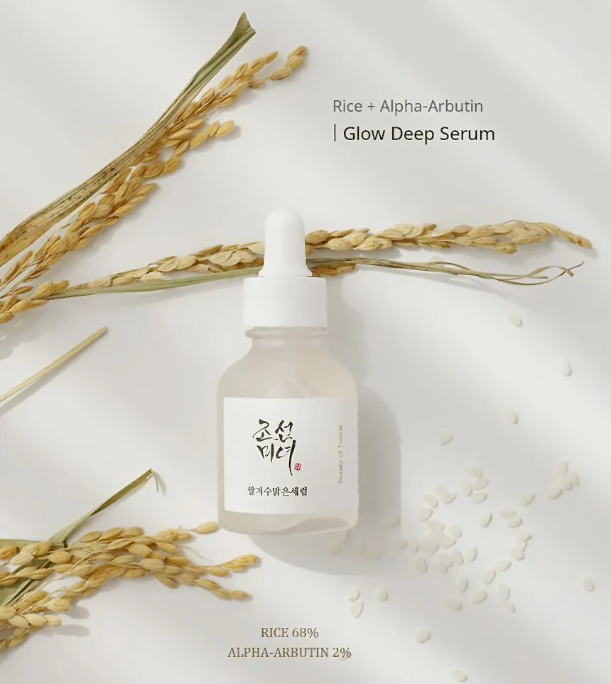 Glow deep serum main ingredients are rice and alpha arbutin.