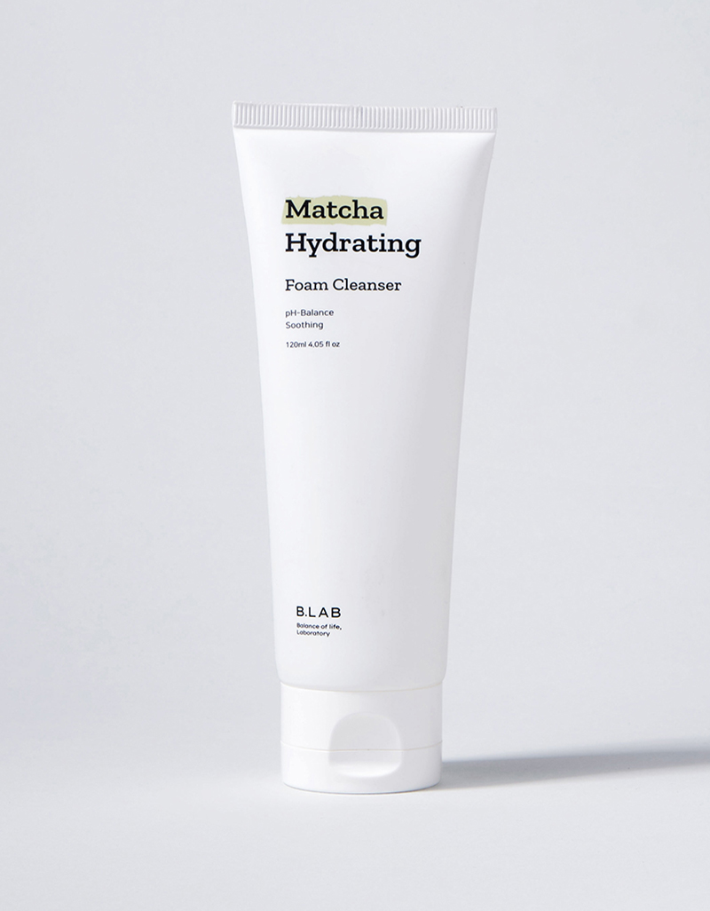 B Lab matcha hydrating foam cleanser with green tea leaf extract.