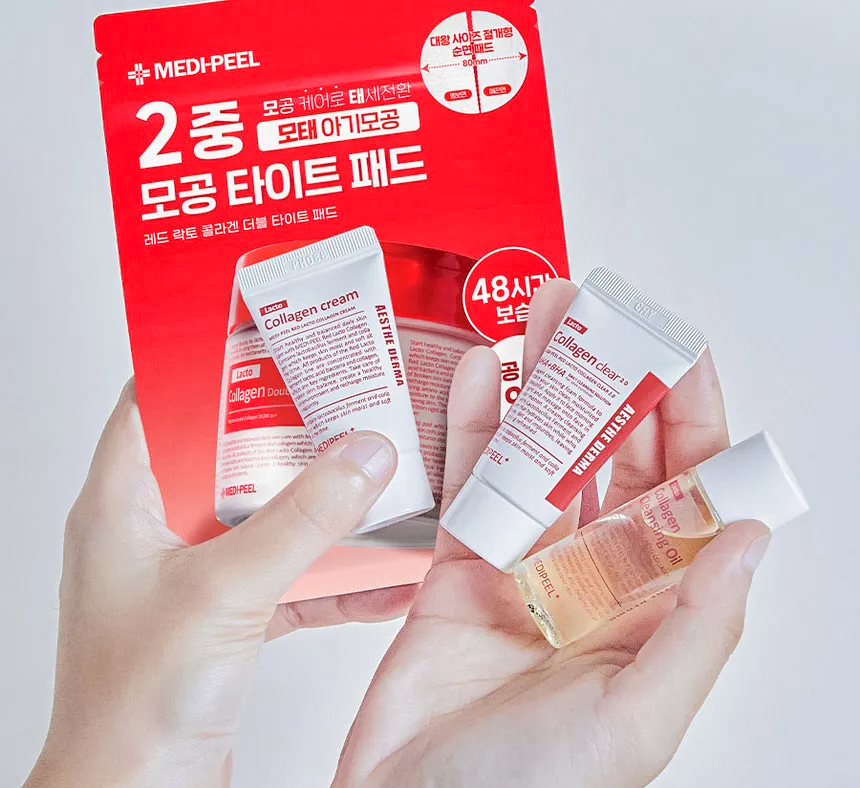 Hands holding the 4 items in the medi peel red lacto collagen trial kit set