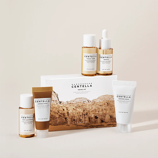 skin1004 travel kit, light cleansing oil, ampoule foam, toning toner, ampoule, soothing cream