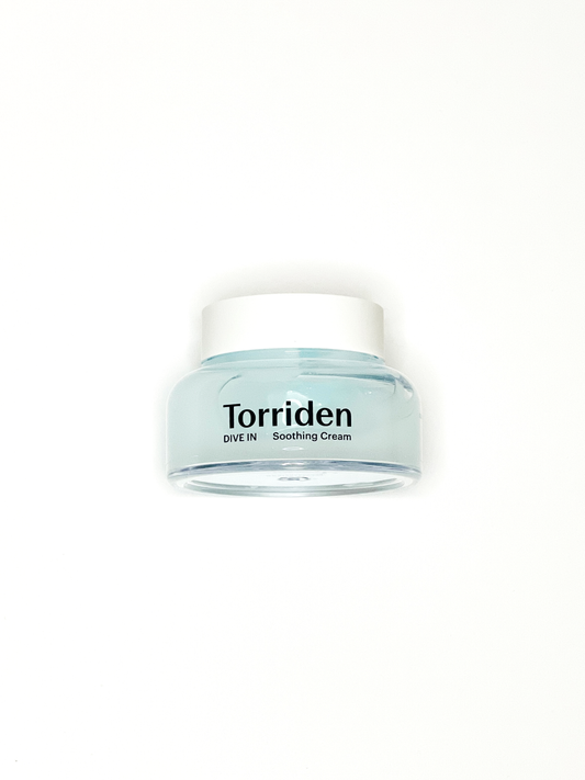 Torriden dive-in soothing cream in a light blue container.