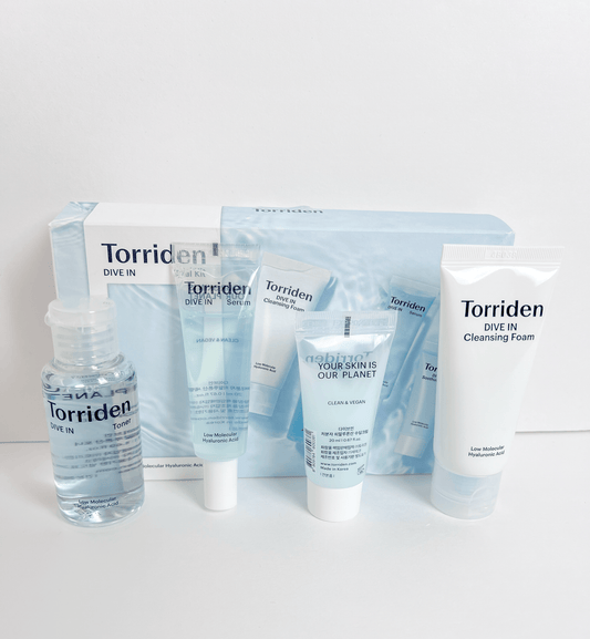 Torriden dive in trial kit contains toner, serum, cleansing foam, soothing cream